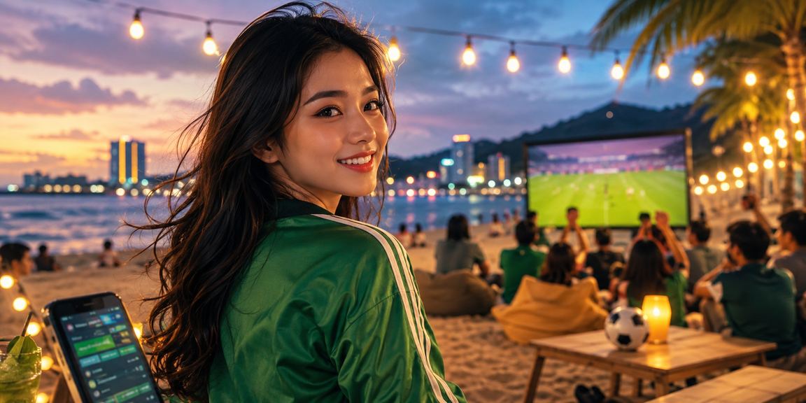 Nhóm bạn trẻ Sài Gòn vừa xem bóng đá vừa thử casino trực tuyến trên điện thoại tại bãi biển
