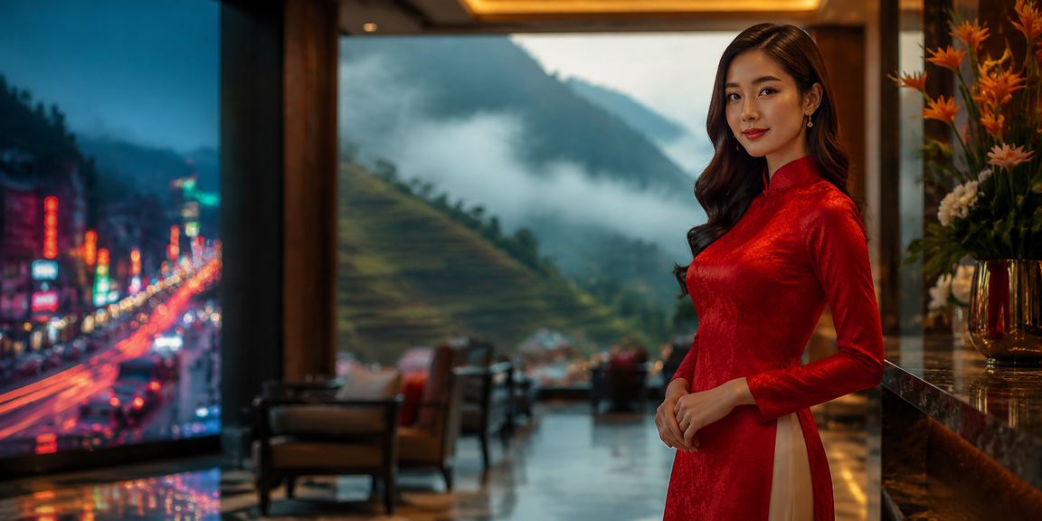 Người mặc áo dài nhận phong bì đỏ thưởng Tết tại Sa Pa qua chương trình oklive